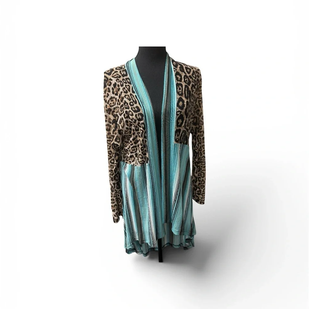 Crazy Train Leopard Serape Cardigan L Teal Western Boho Duster Open Front - Picture 1 of 7